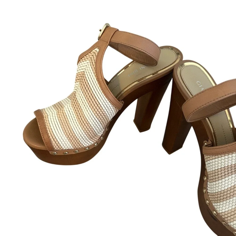 Gianni Bini Platform Heels Ankle Strap Peep‎ Toe Woven Tan Brown